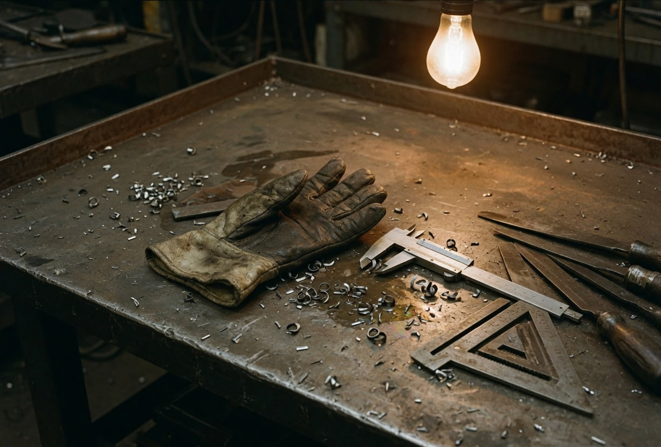 A machinist's bench: a worn glove, calipers, and metal chips under a single lamp.