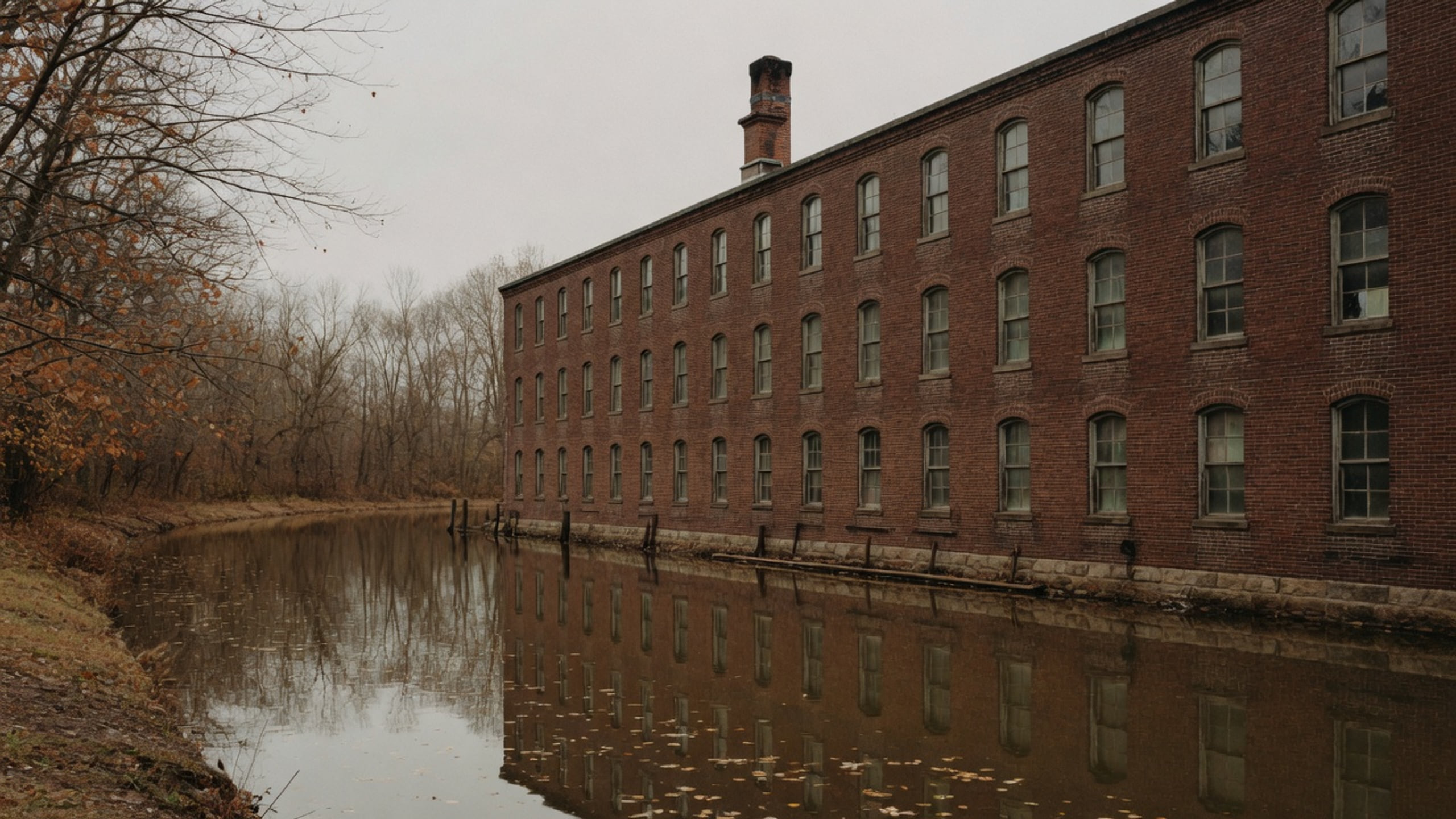A brick mill on an Ohio waterway in late autumn.